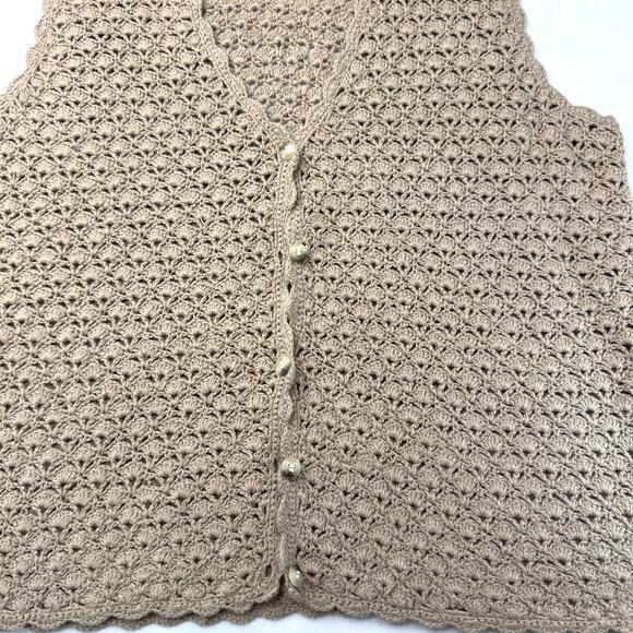 Crochet Sweater Vest Beige Ramie Cotton Large Boho Cottage Retro Hippy Festival - Picture 7 of 9